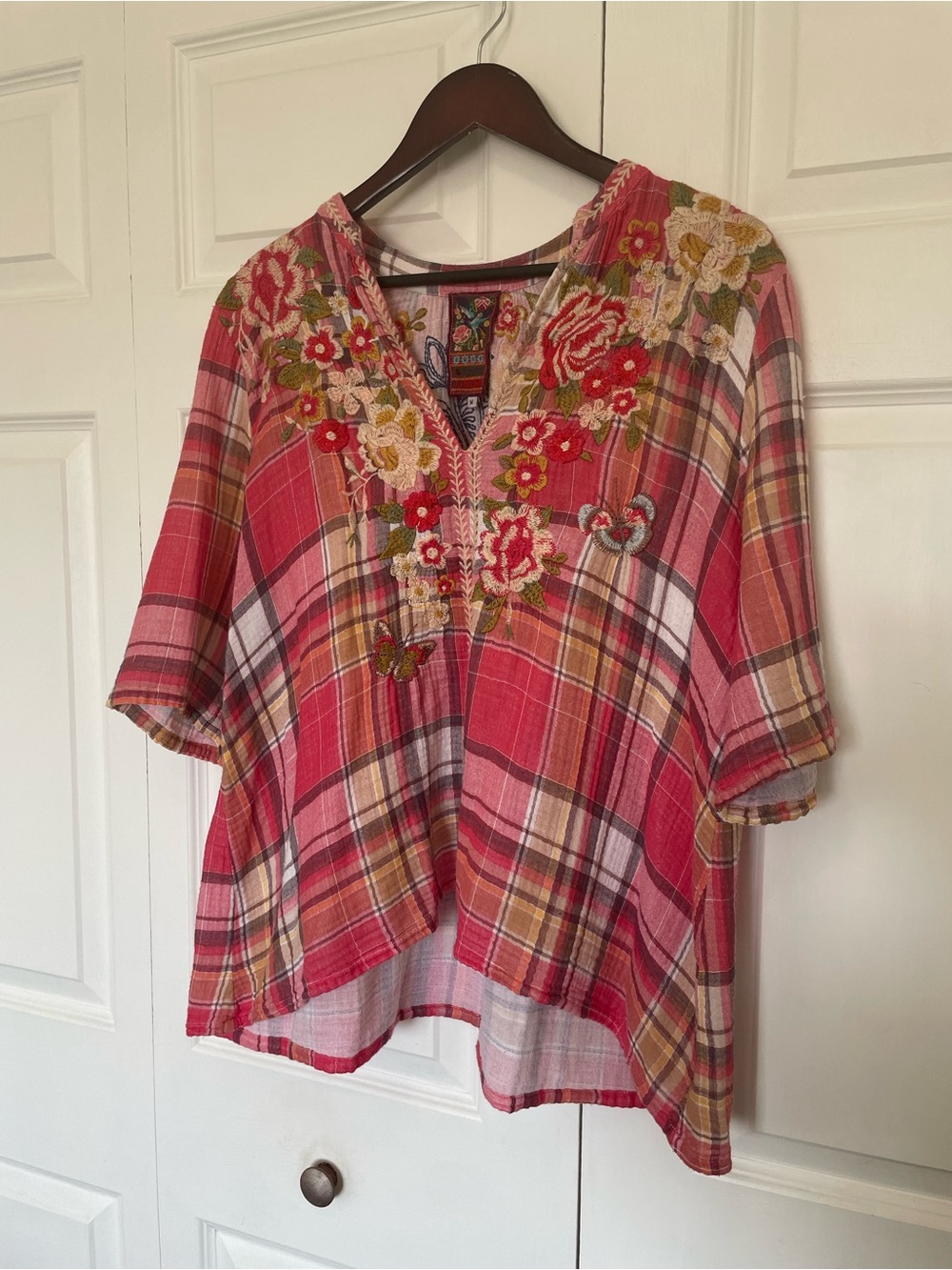 Johnny Was Pink Plaid Embroidered V-Neck Tunic Blouse- M